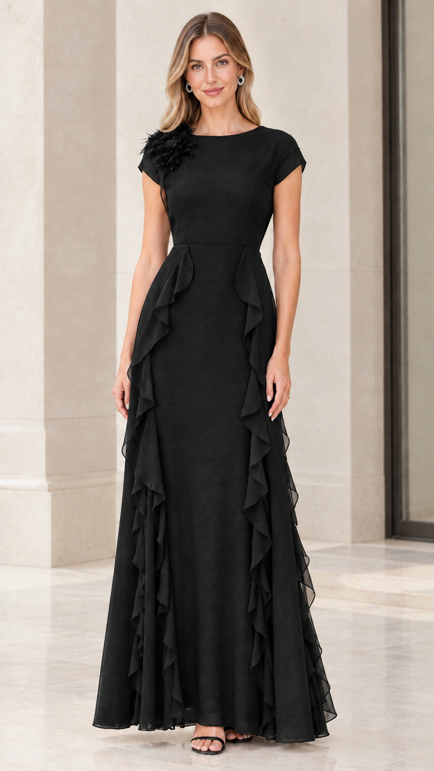 Front view of woman wearing elegant black cap sleeve ruffle evening gown