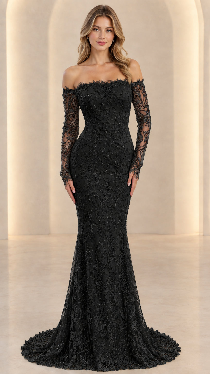 Front full view of black off-the-shoulder long sleeve lace mermaid formal gown