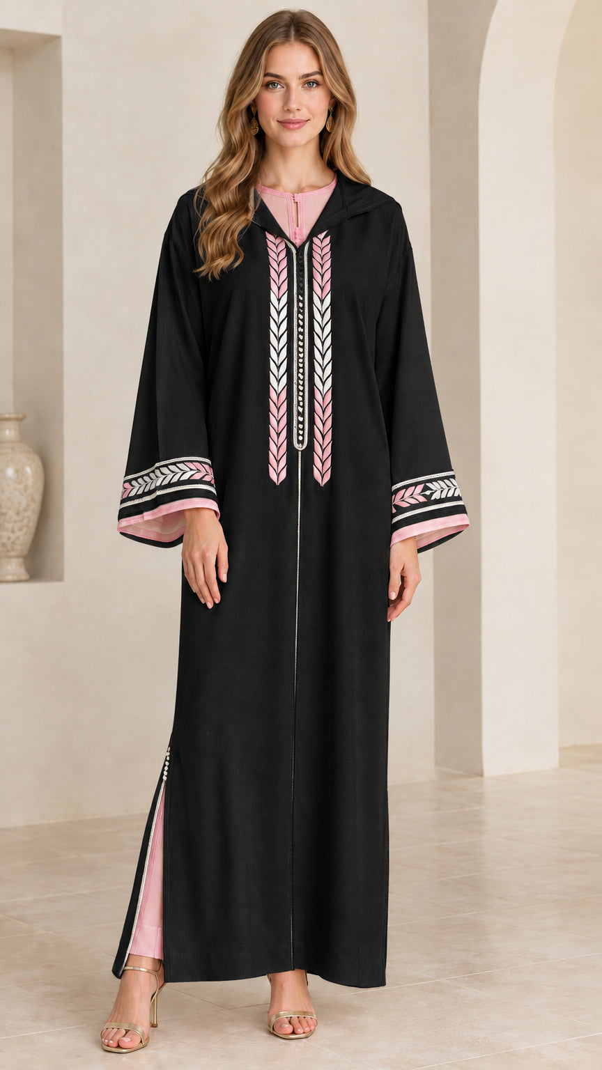 Full front view of women's black embroidered hooded Moroccan djellaba dress