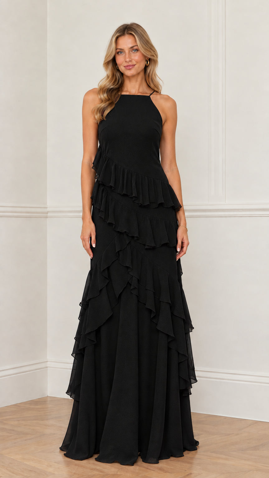 Model wearing classic black halter tiered ruffle formal dress
