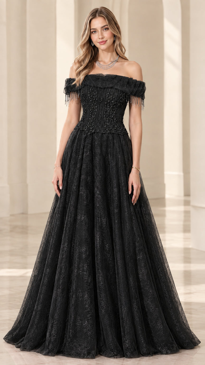 Black off-the-shoulder beaded corset formal evening maxi gown