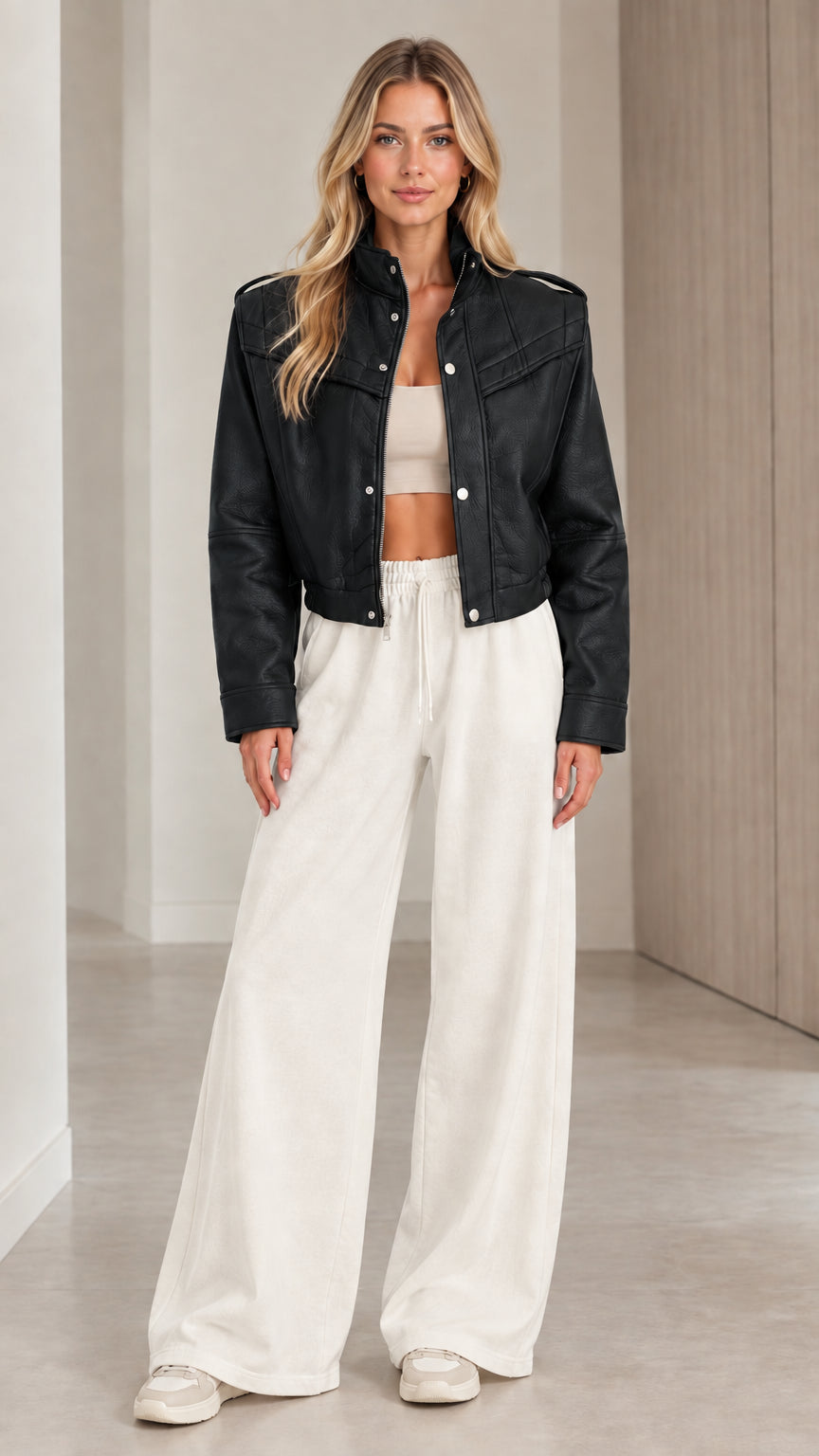 Front full view of woman wearing the cropped faux leather jacket in Black