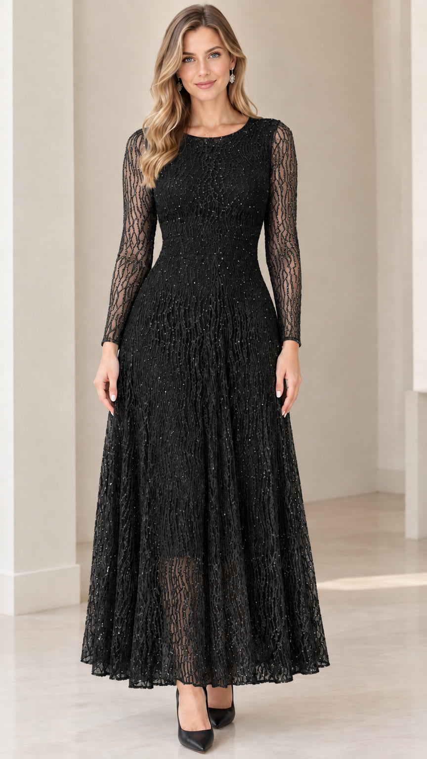 Front view of woman wearing Black long sleeve lace maxi dress