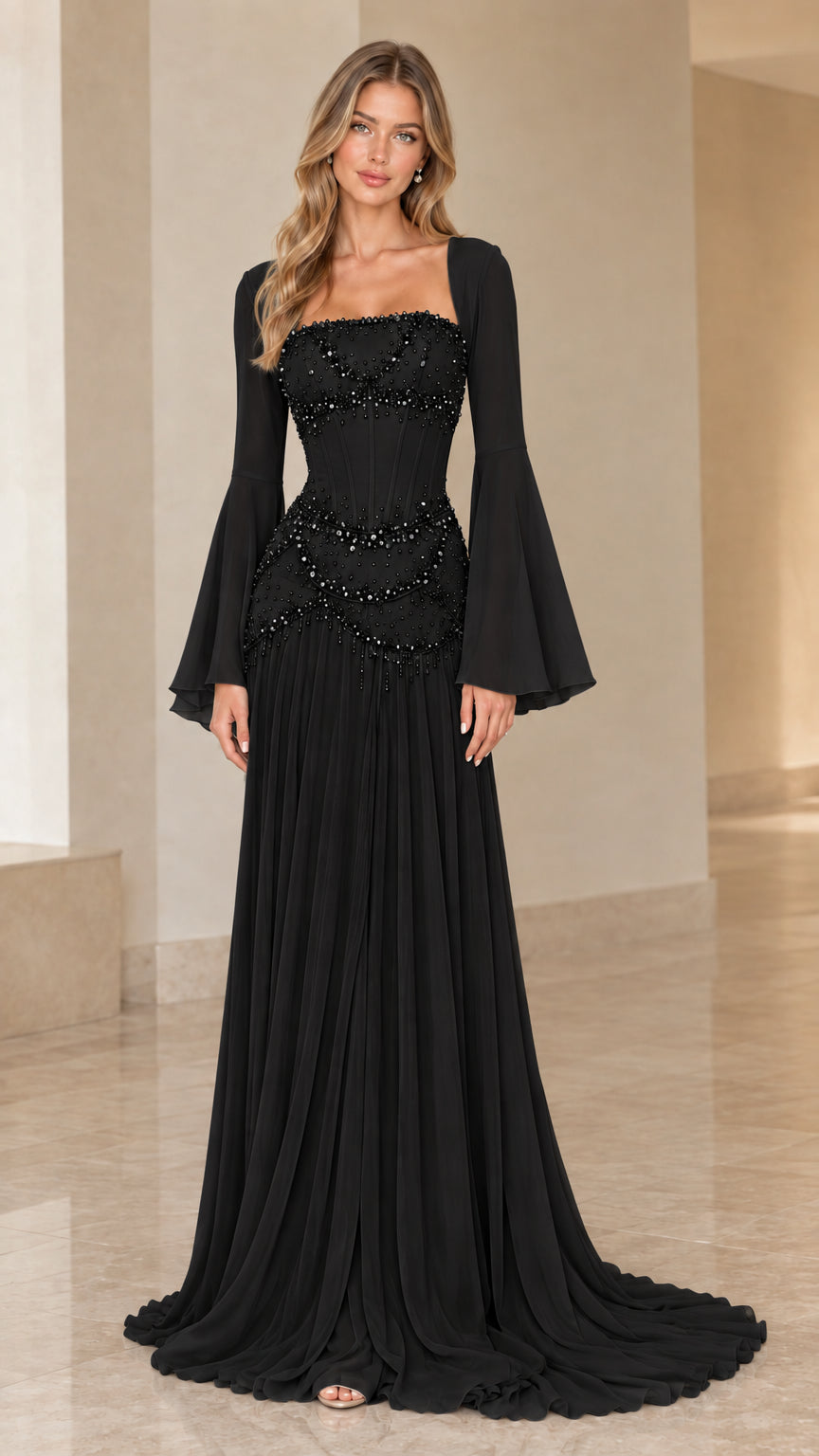 Black pearl-beaded corset evening dress with long bell sleeves