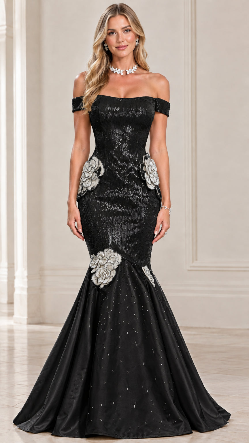 Black off-the-shoulder sequin mermaid formal evening dress