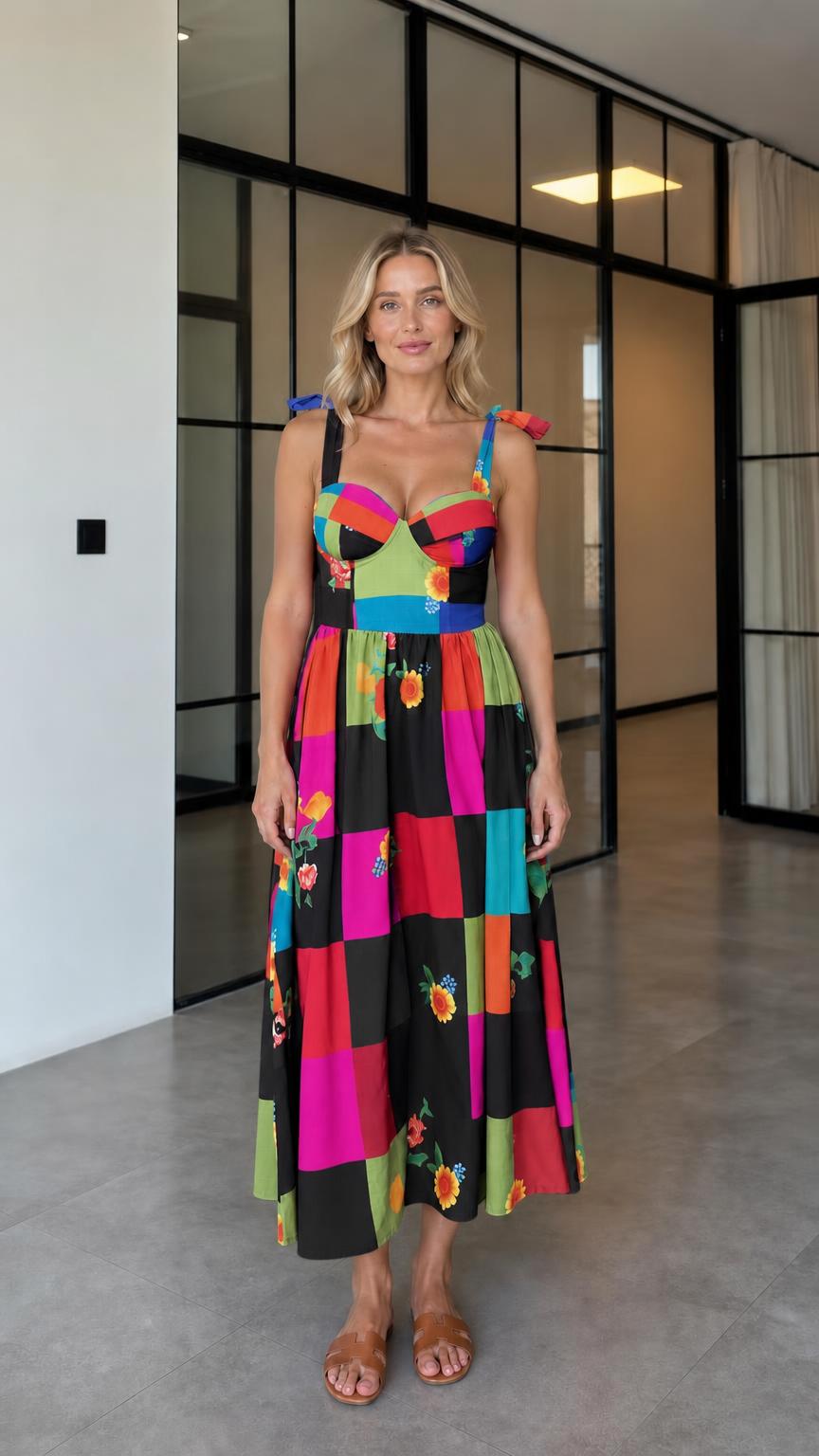 Black variant of patchwork floral midi dress