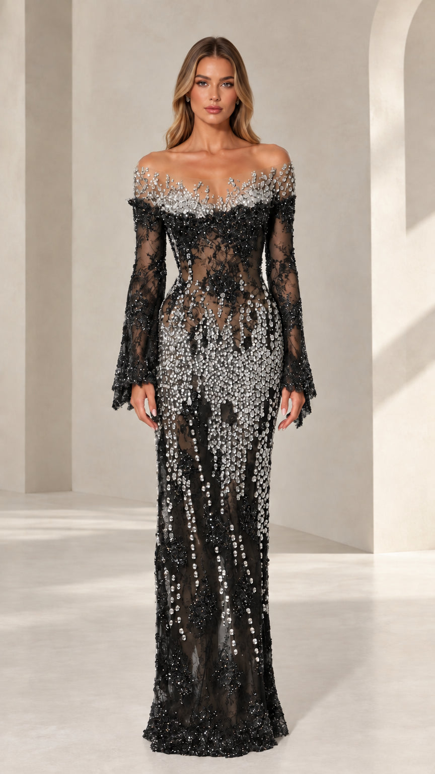 Black crystal-embellished off-the-shoulder long formal gown