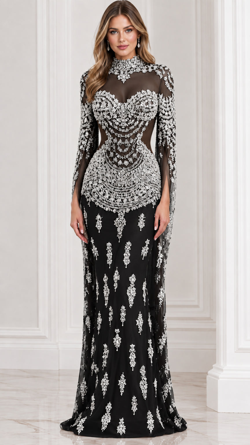 Black crystal-embellished cape sleeve formal evening dress