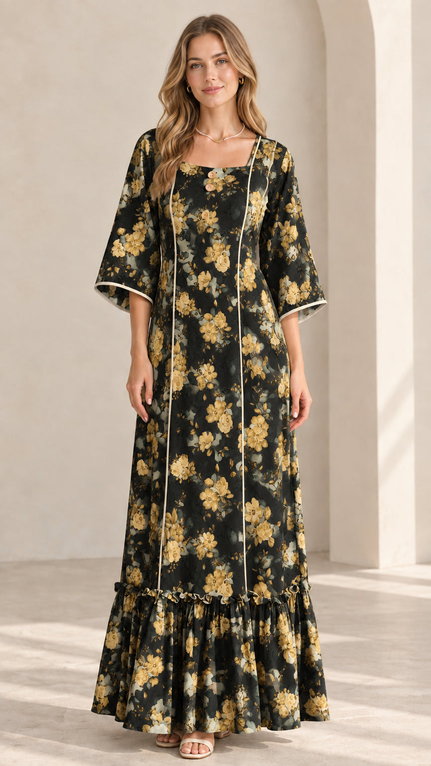 Model wearing Black floral square neck maxi dress with flared sleeves