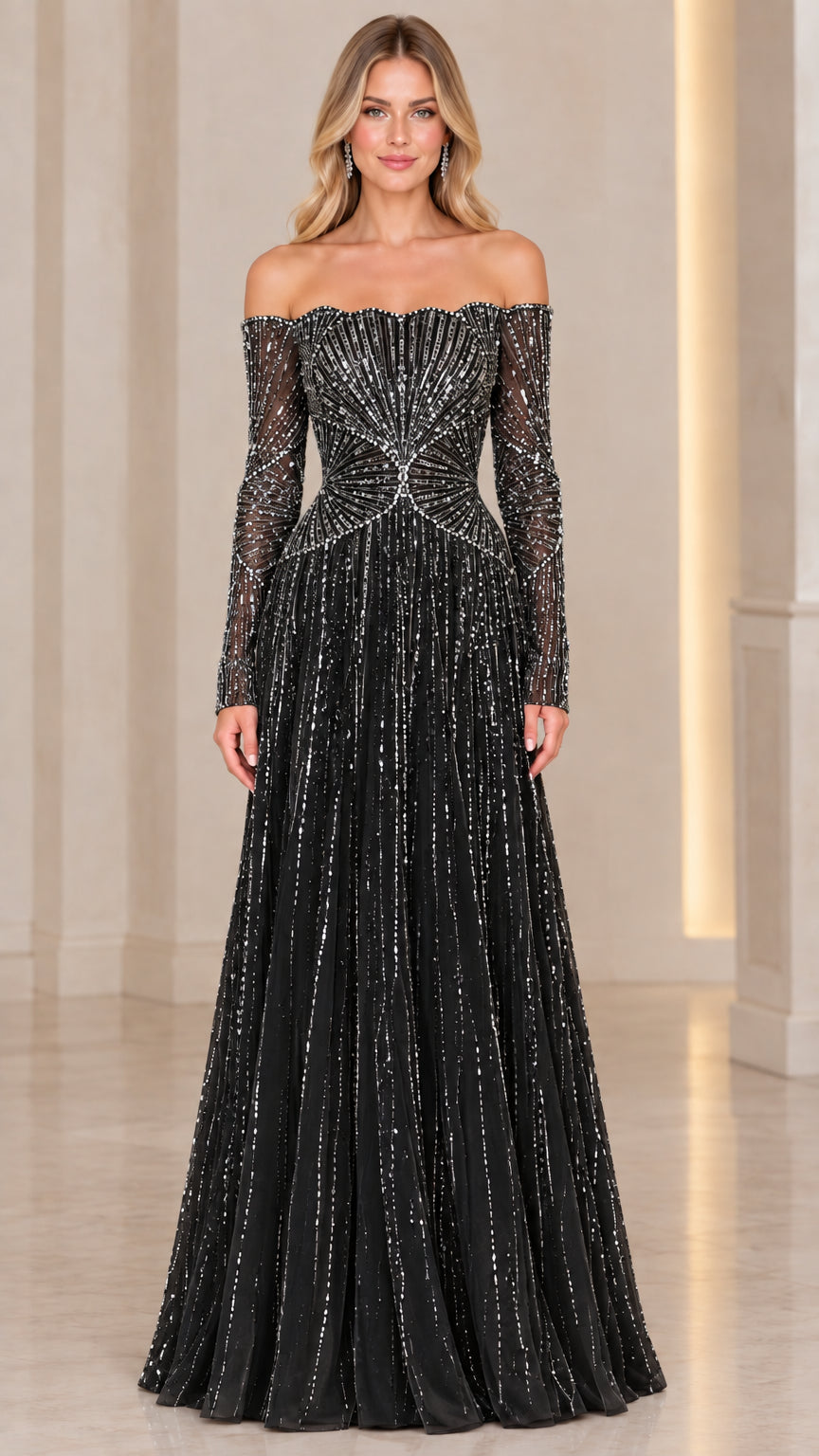 Full-length view of black off-the-shoulder beaded long sleeve evening gown