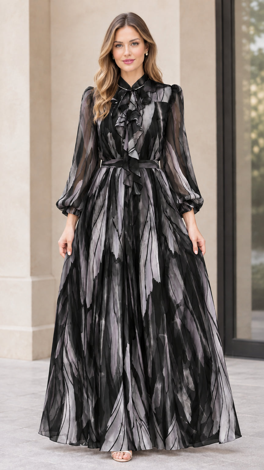 Front view of black and grey abstract print tie-neck long sleeve maxi dress