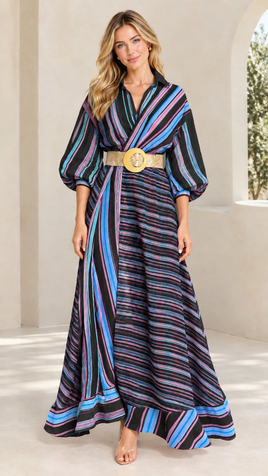 Front view of woman wearing black multi striped collared maxi dress with belt