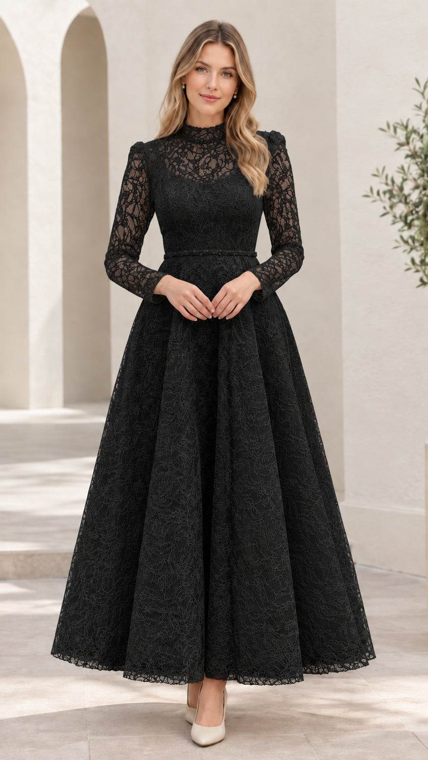 Front view of woman wearing elegant black floral lace long sleeve maxi dress