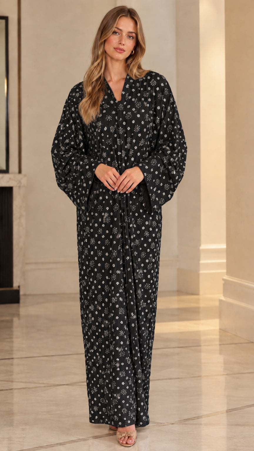 Black floral sequin embroidered kaftan maxi dress on model