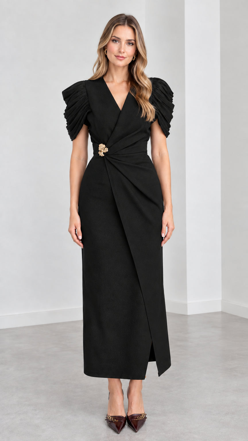Front view of woman wearing Black pleated cap sleeve formal maxi dress