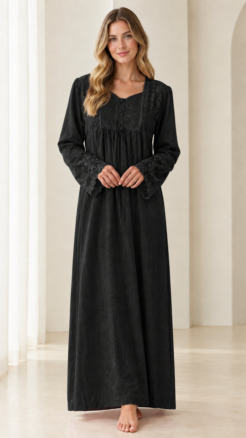 Full-length front view of black Victorian lace long sleeve nightgown