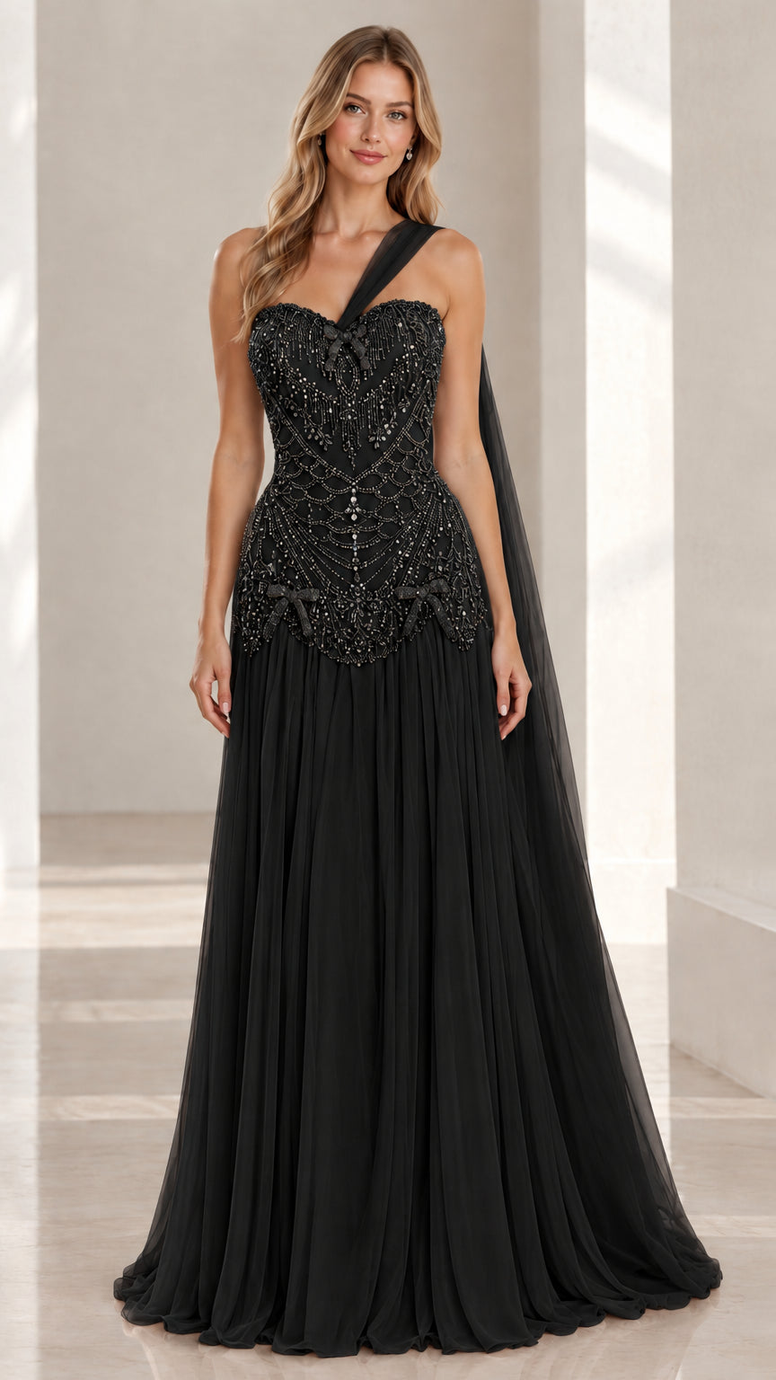 Black beaded corset one-shoulder evening gown