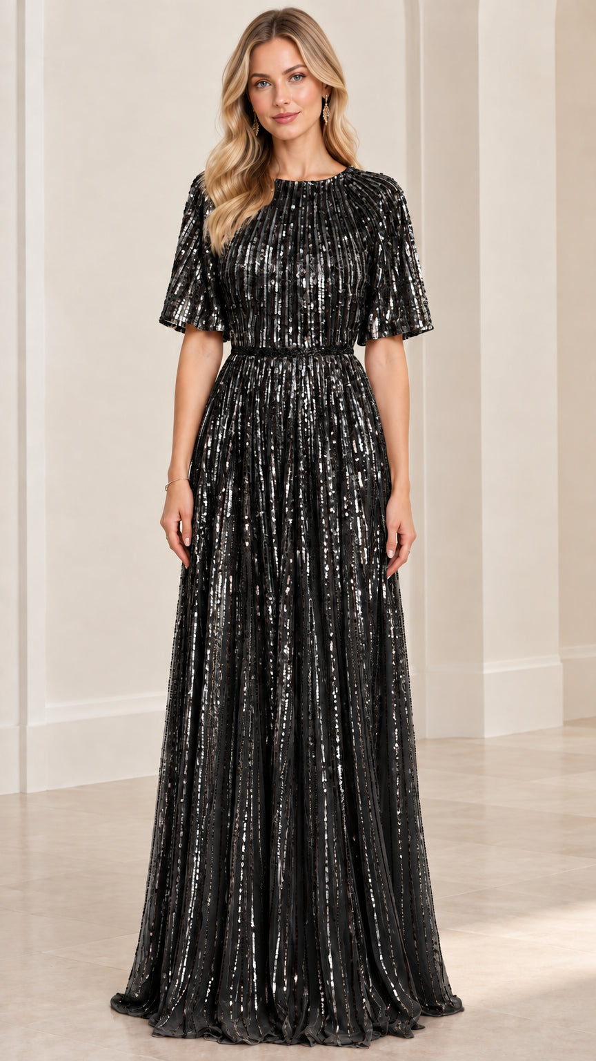 Front view of woman wearing black sequin flutter sleeve formal evening dress