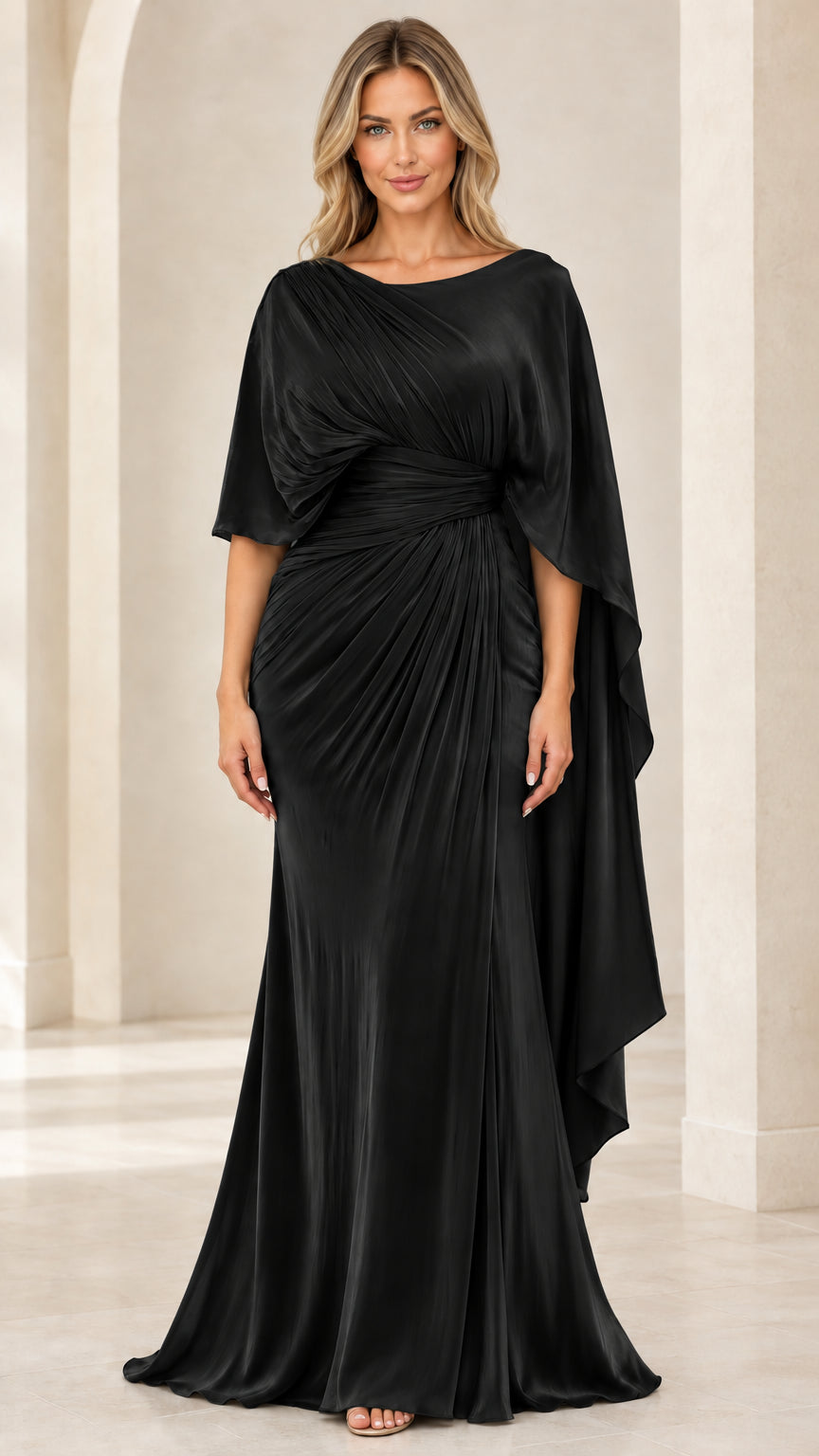 Black pleated cape sleeve formal evening maxi dress