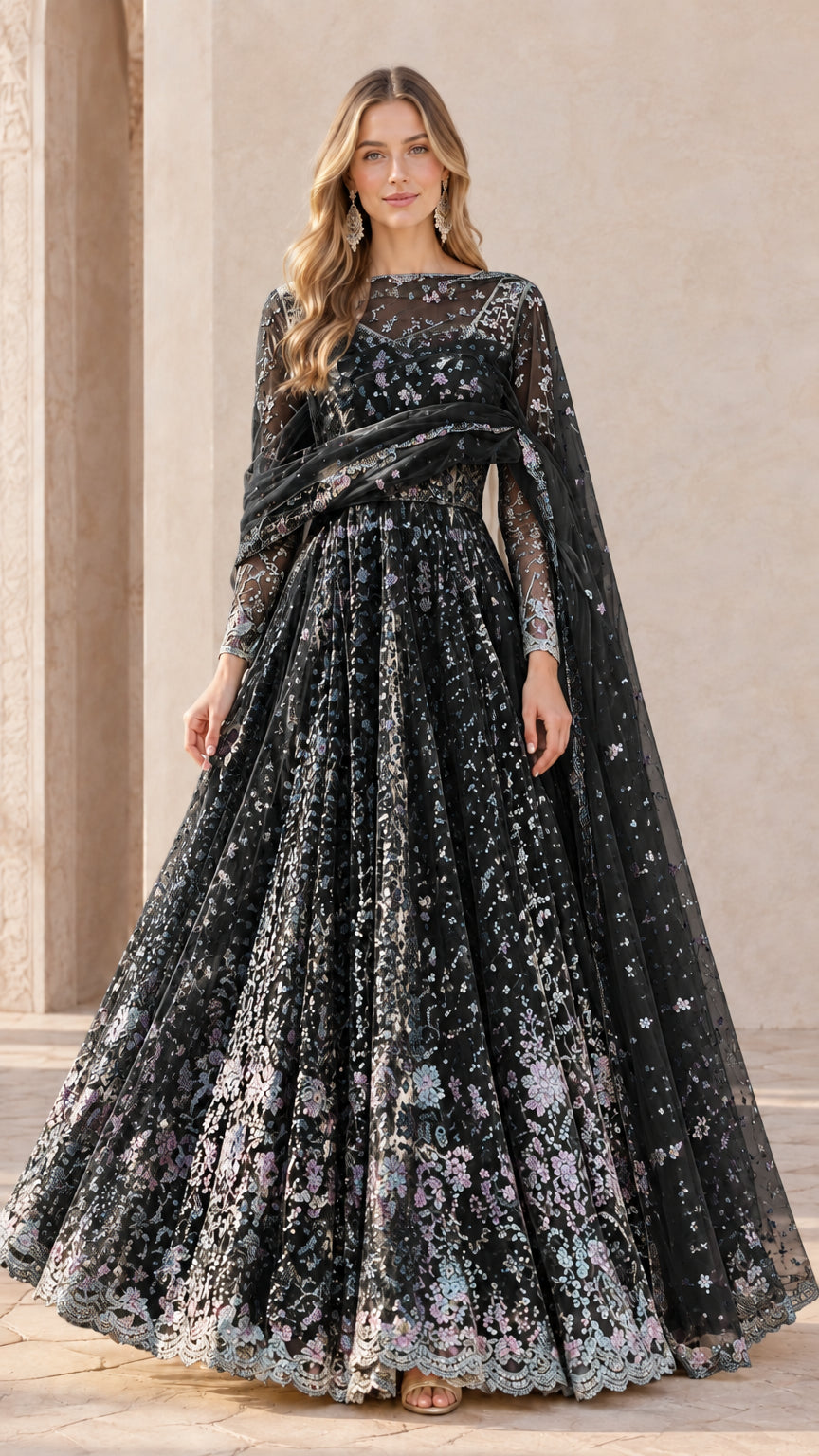 Black embroidered sheer overlay long sleeve formal evening gown