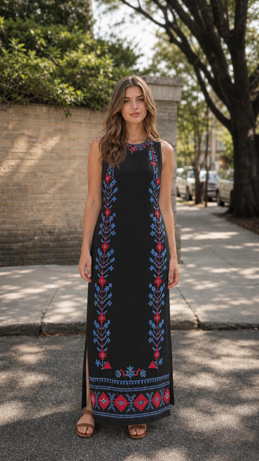 Front view of woman wearing black embroidered maxi dress