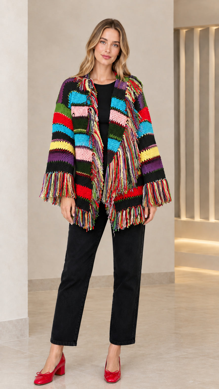 Model wearing black multicolor striped fringe knit open-front cardigan