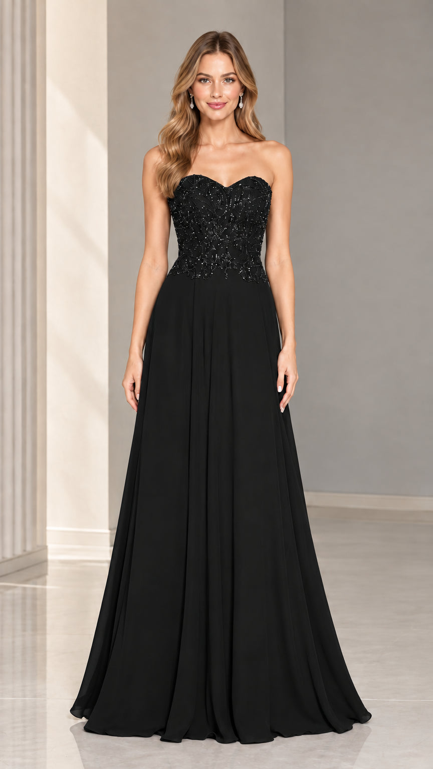 Front view of black strapless beaded sweetheart maxi evening gown