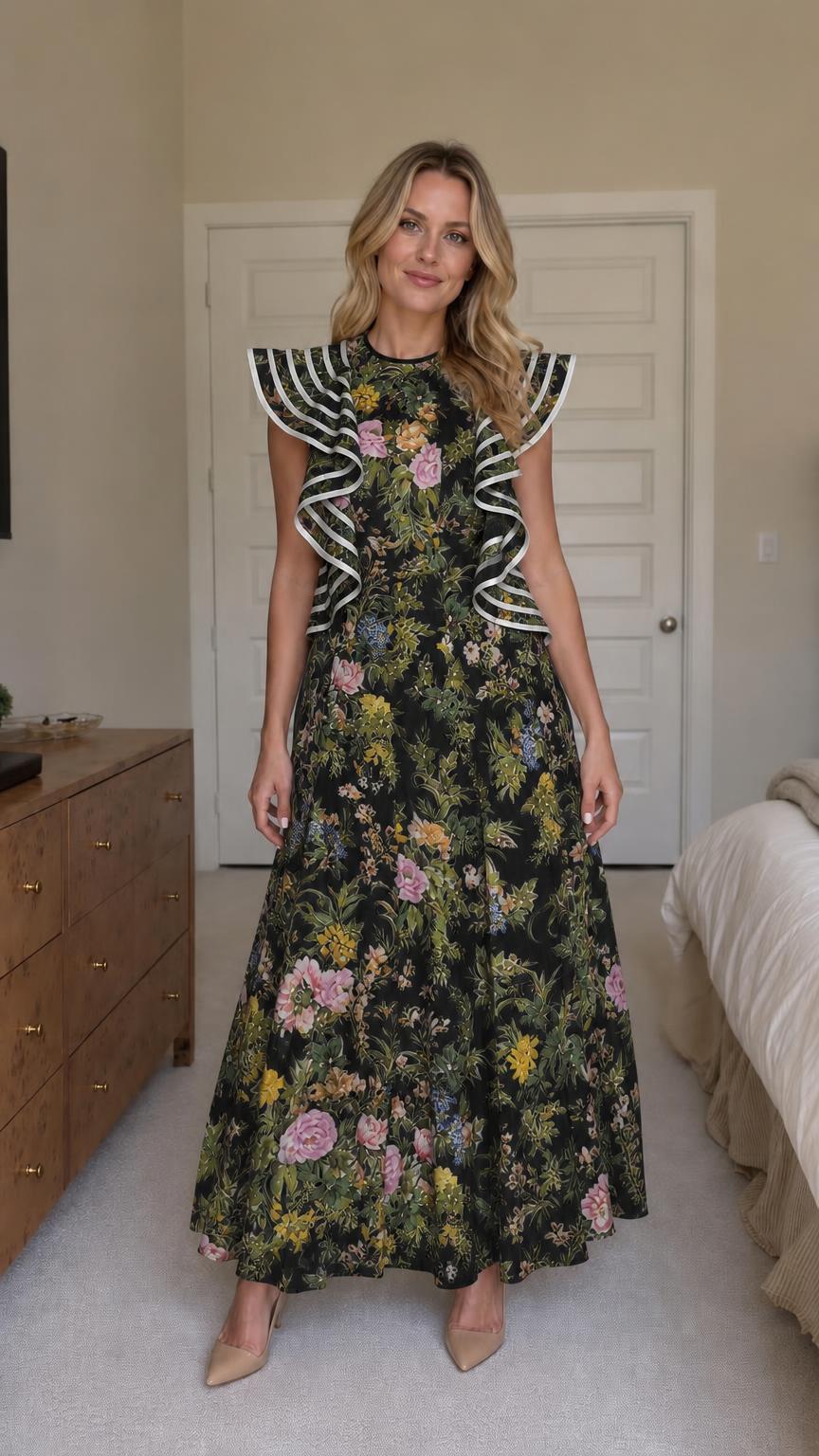 Woman wearing black floral ruffle maxi dress