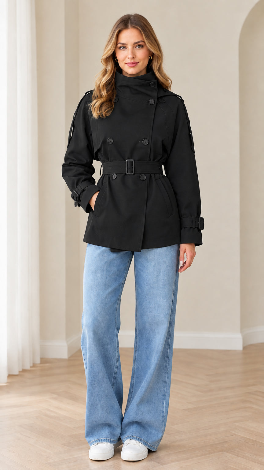 Model wearing black double-breasted belted short trench coat