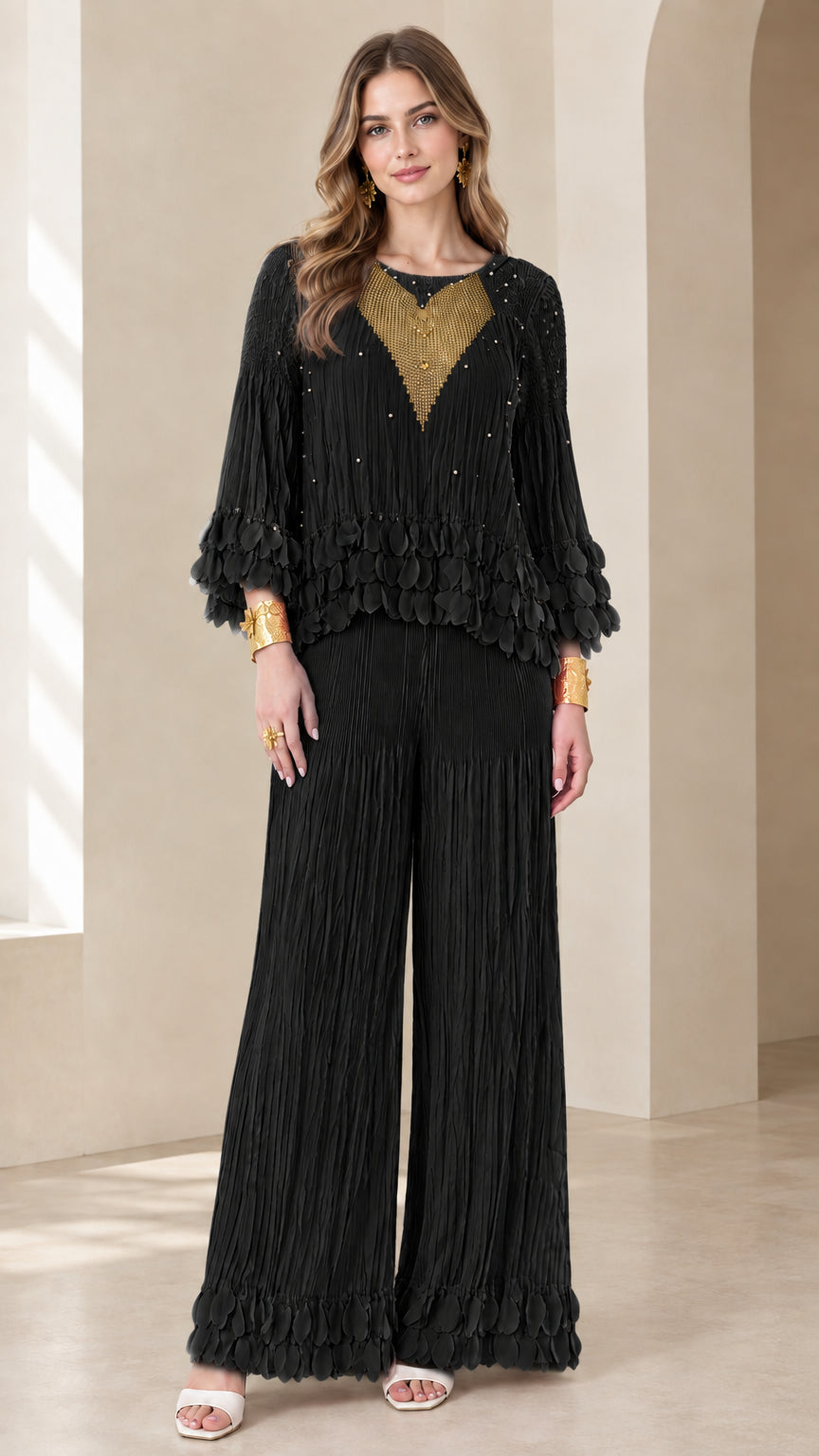 Black embroidered crinkle pleated two-piece top and wide-leg pants set