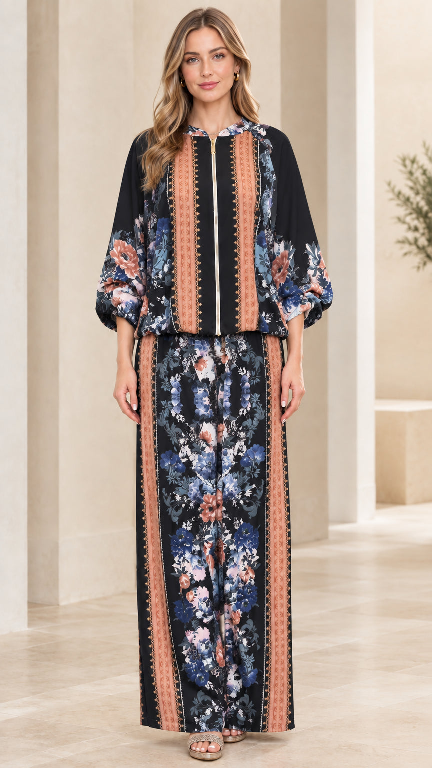 Full-length front view of model wearing Black floral print matching pant set