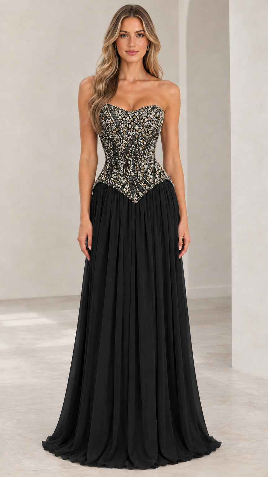 Front view of black strapless beaded corset basque waist formal evening gown