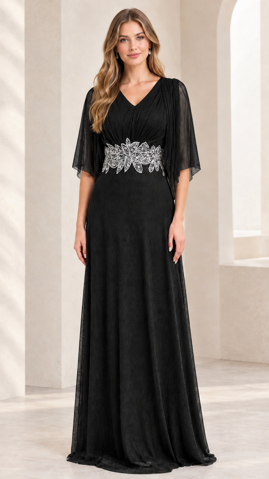 Model wearing classic black V-neck flutter sleeve floor-length formal gown