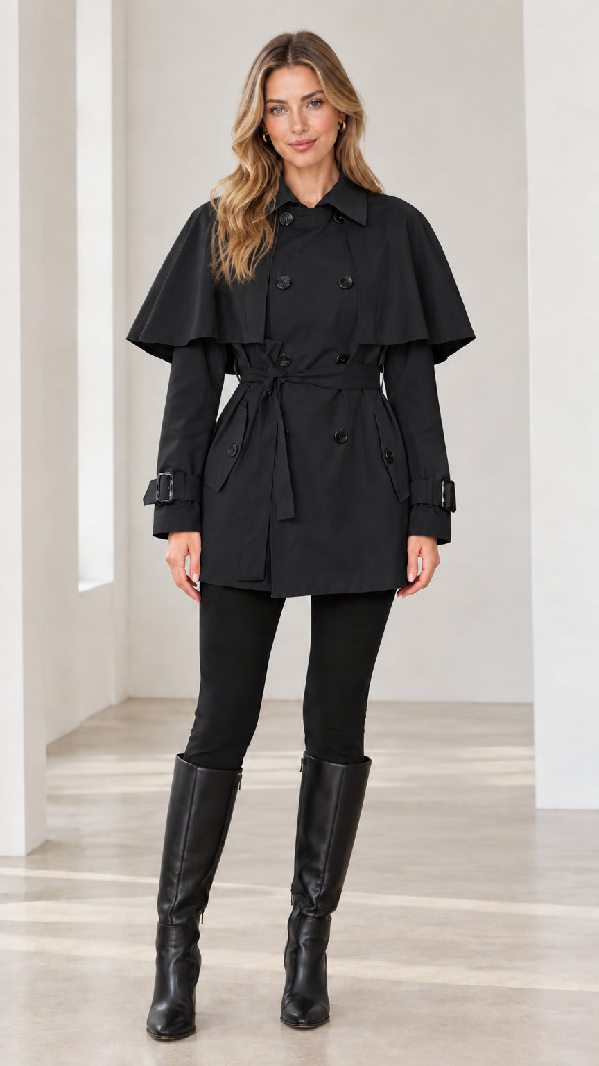 Front full-length view of Black double-breasted capelet trench coat styled with black leggings and boots