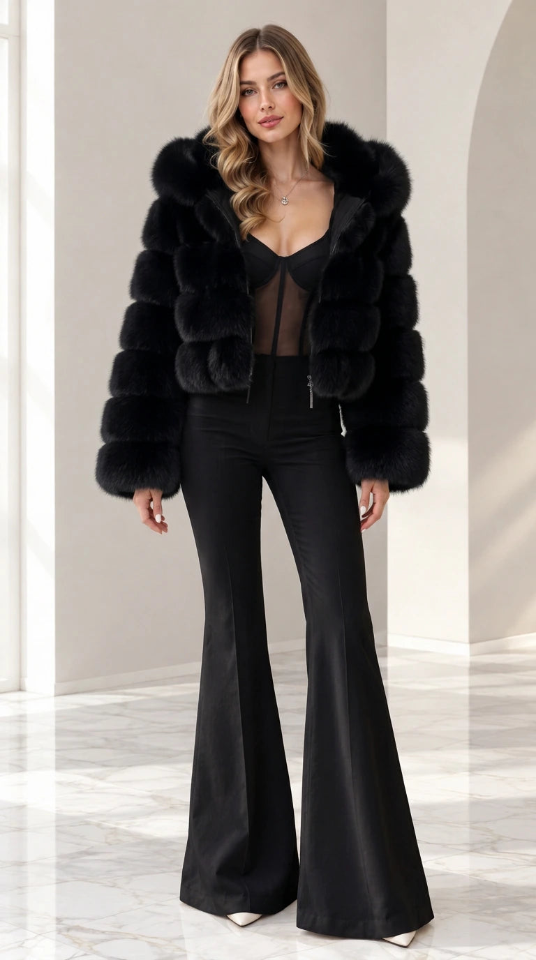 Model wearing black cropped hooded faux fur jacket with matching black pants