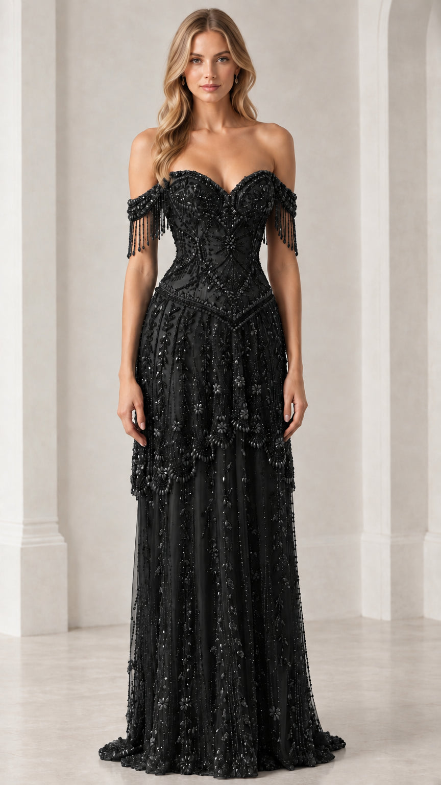 Front view of black off-shoulder beaded evening gown with fringe details