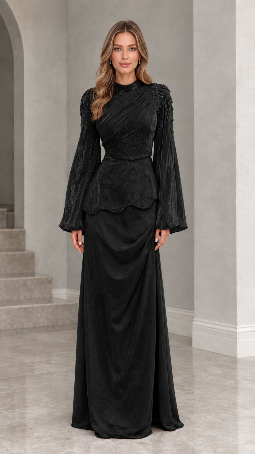 Black high neck long sleeve peplum evening maxi dress