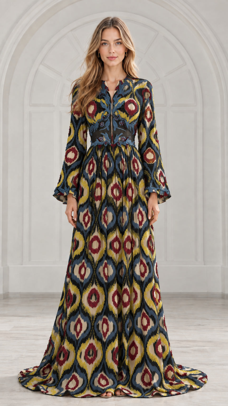 Front view of model wearing black and multi-color ikat pleated maxi dress