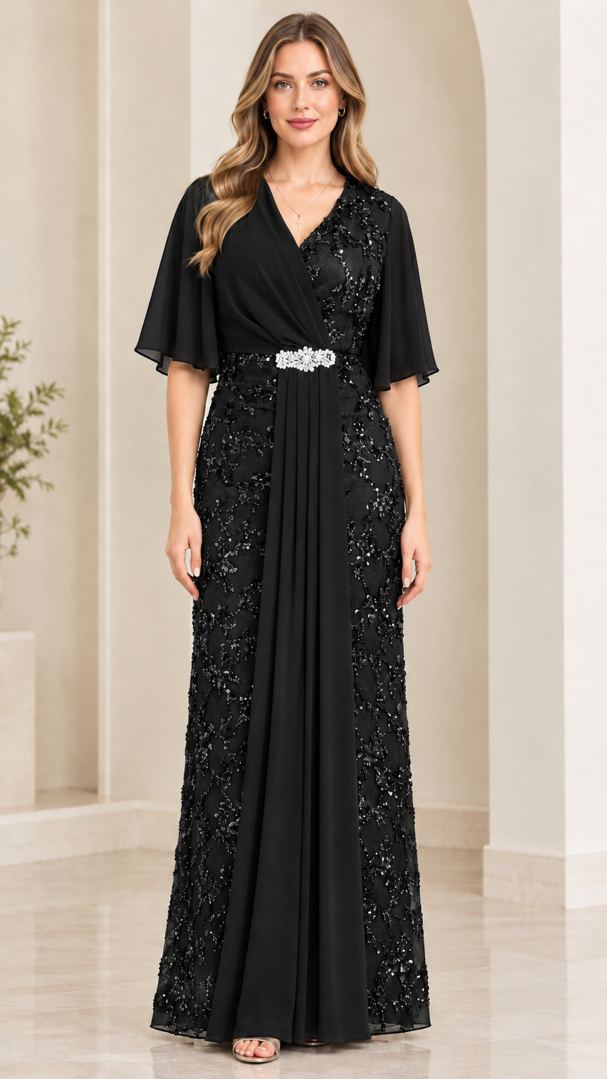 Front view of black sequin lace formal evening dress with flutter sleeves