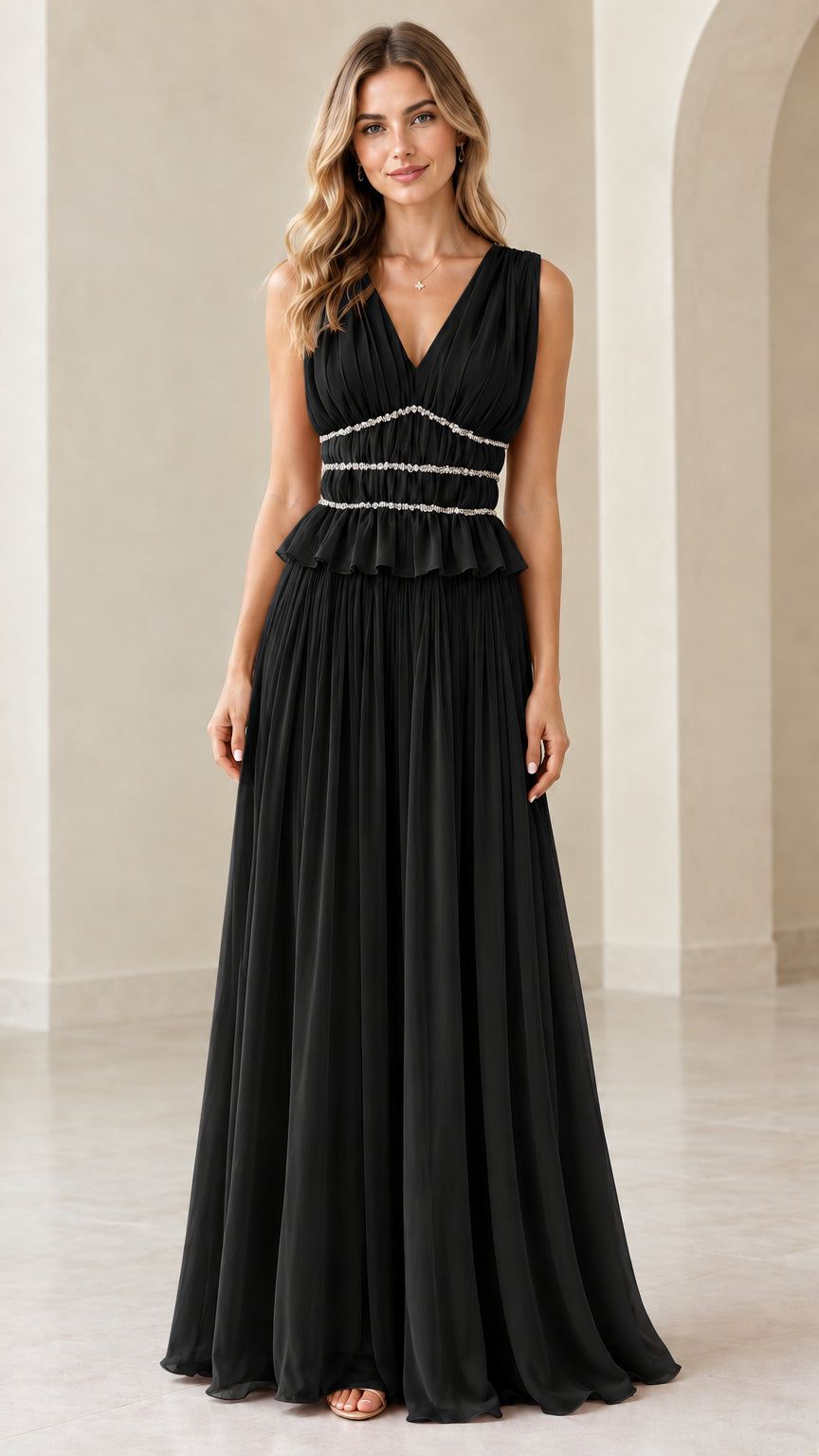 Front view of black sleeveless pleated maxi evening dress with beaded waistband