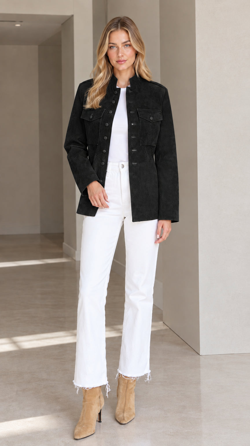 Front view of woman wearing Black faux suede utility jacket