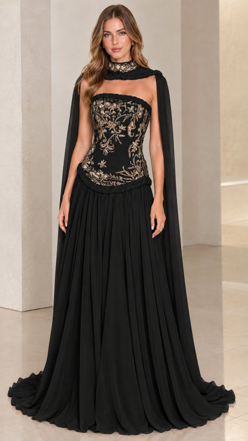 Black strapless embroidered corset evening gown with matching black sheer cape