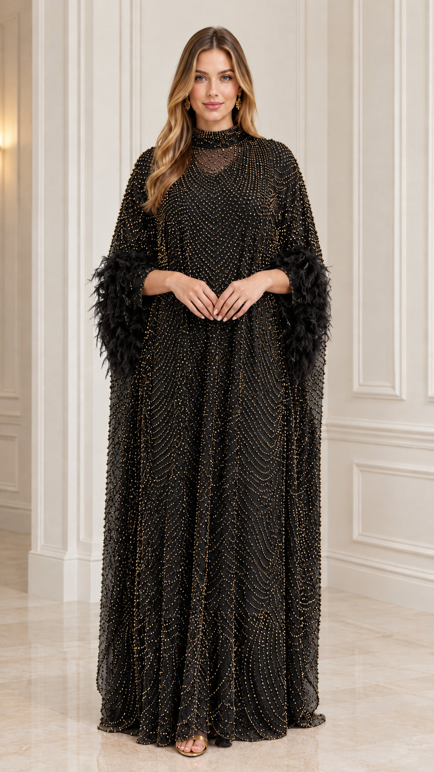 Model wearing Black sequin beaded kaftan evening maxi dress with feather cuffs