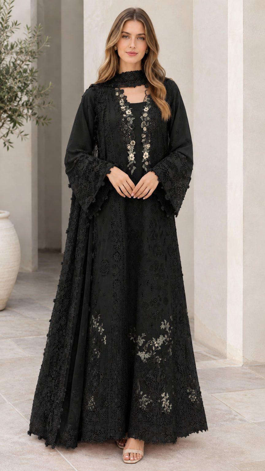 Front view of black floral embroidered lace abaya dress with matching neck scarf