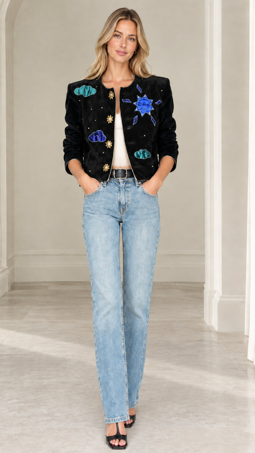 Model wearing black on black celestial applique cropped jacket