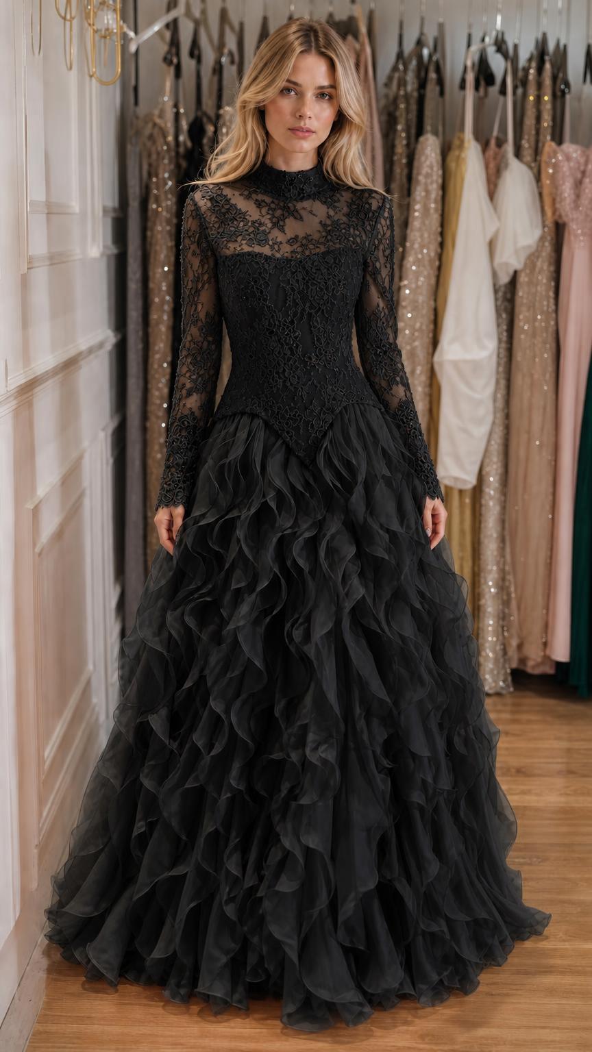 Front view of black long-sleeve lace evening gown