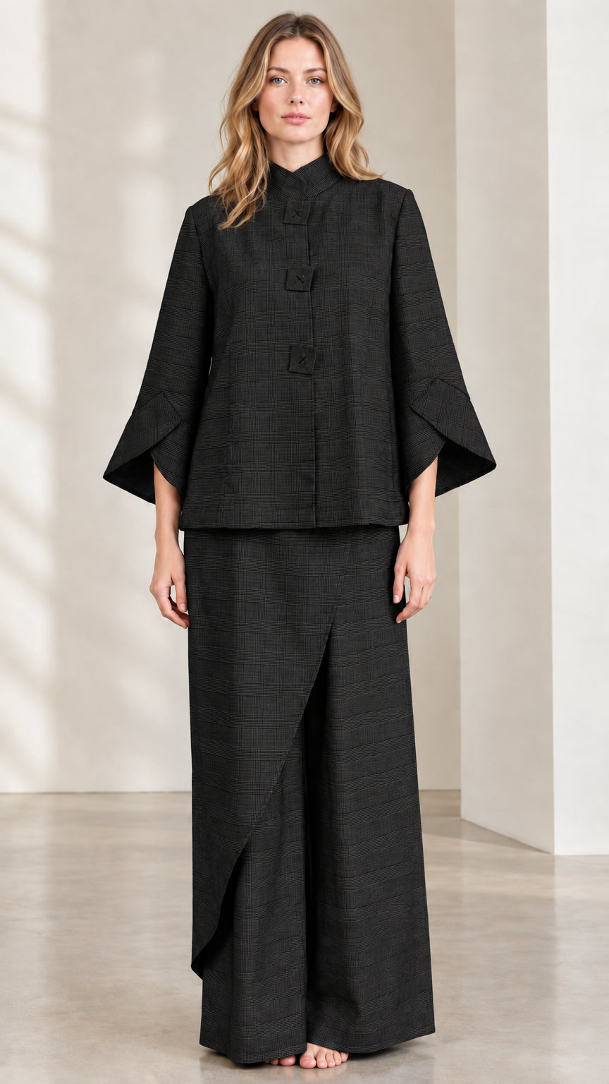 Black Mandarin Collar Jacket and Asymmetric Wide-Leg Pants Set