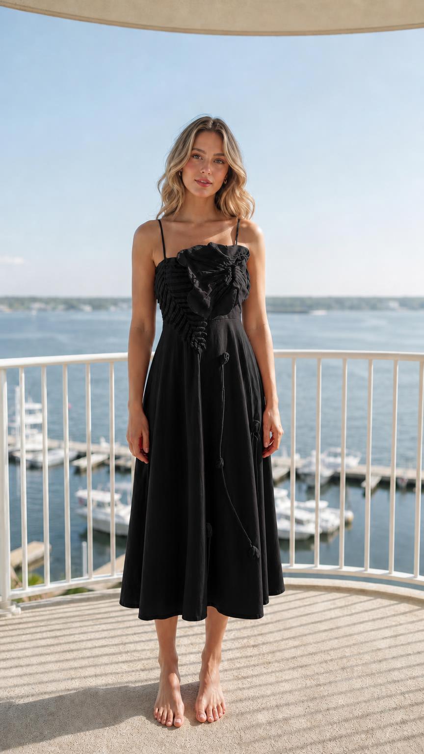 Front view of woman wearing black ruffled midi dress