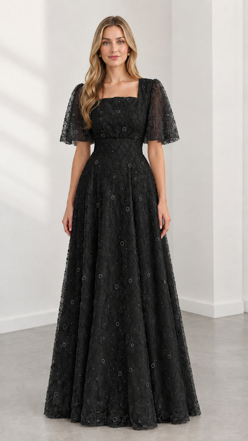 Full-length black beaded floral lace square neck formal evening gown