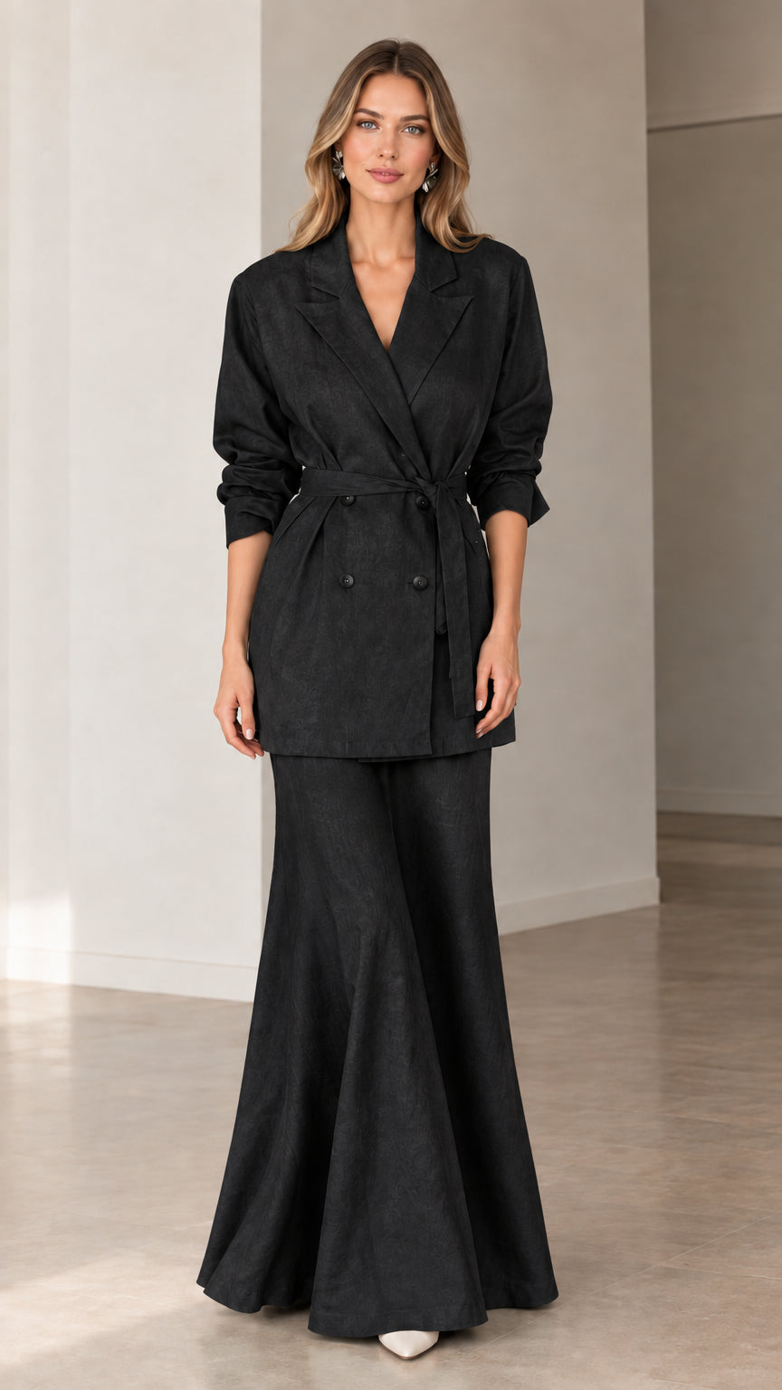 Black double-breasted belted blazer and flared maxi skirt suit set